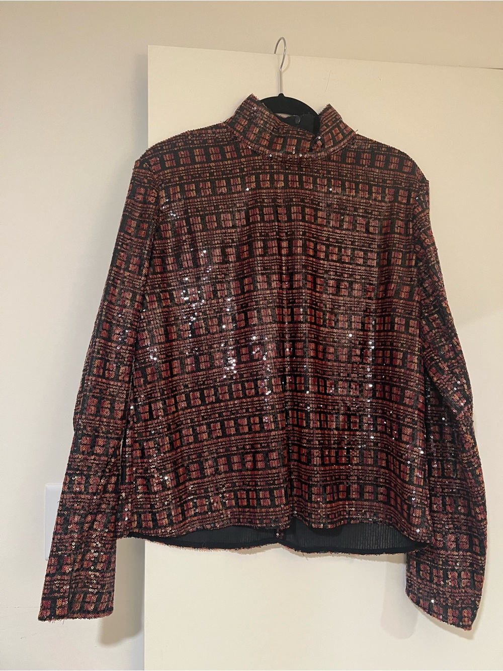 Zara Red and Black Sequined Plaid High-Neck Top